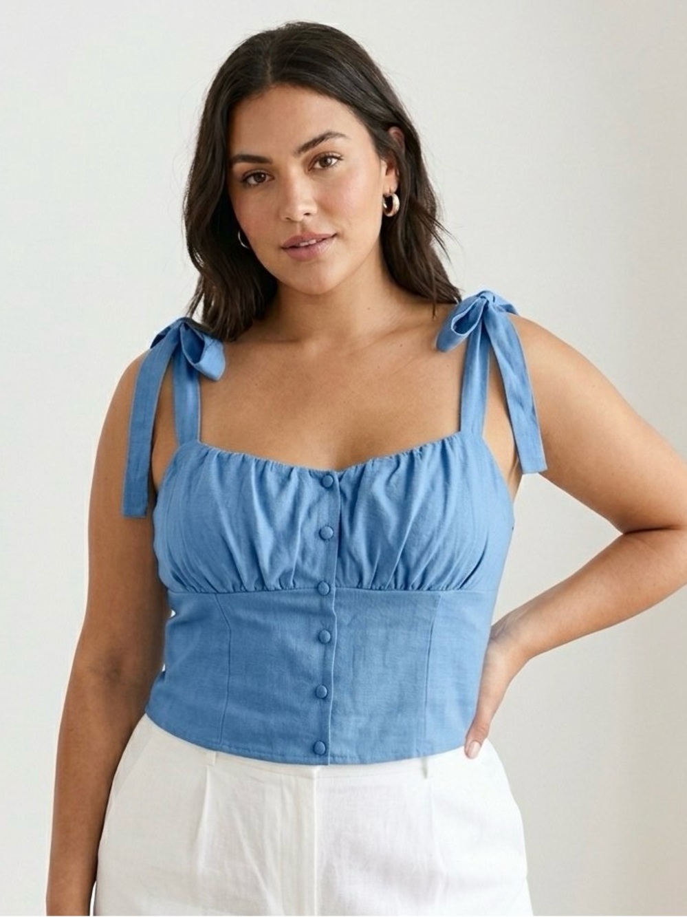 🩷Sienna Sky Blue Smocked Tie Shoulder Crop Top XL